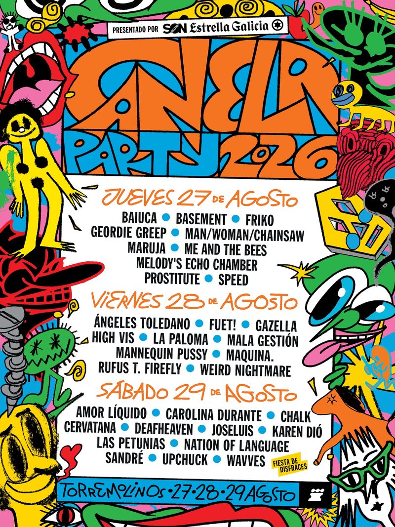 Cartel definitivo de Canela Party 2026, con las bandas distribuidas por los días 27, 28 y 29 de agosto en Torremolinos
