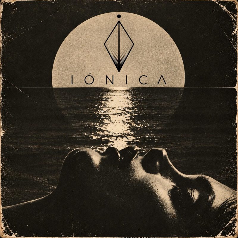 Official cover of the single Iónica: a moon over the sea and a face in sepia tones