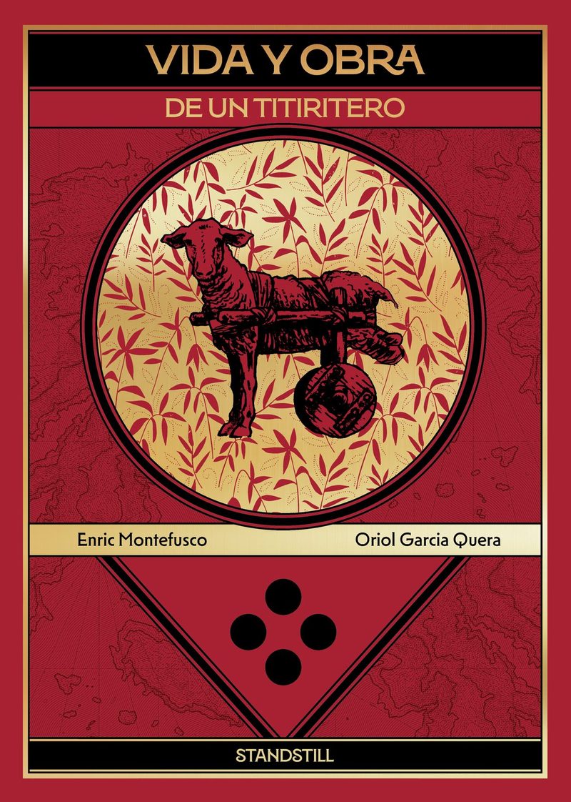 Cover of the graphic novel Vida y obra de un titiritero, showing a tethered lamb against a crimson and gold background