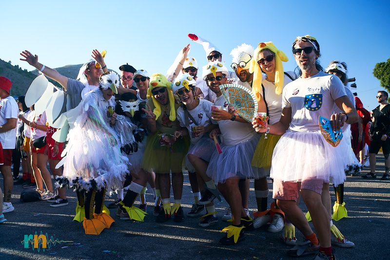 Group of festivalgoers dressed as birds on the Saturday of Canela Party