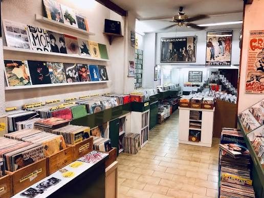 Disco Oldies interior with vinyl shelves