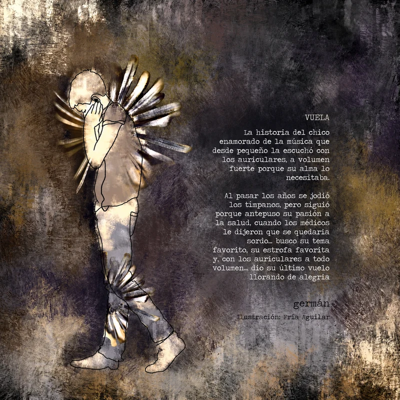 Microcuento visual titulado Vuela, con una figura escuchando m&uacute;sica y texto integrado en la imagen.