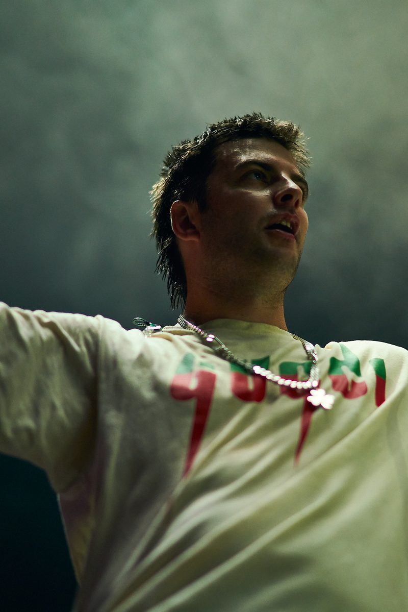 A low-angle close-up of the Fontaines D.C. singer during the concert in Alicante, Spain.