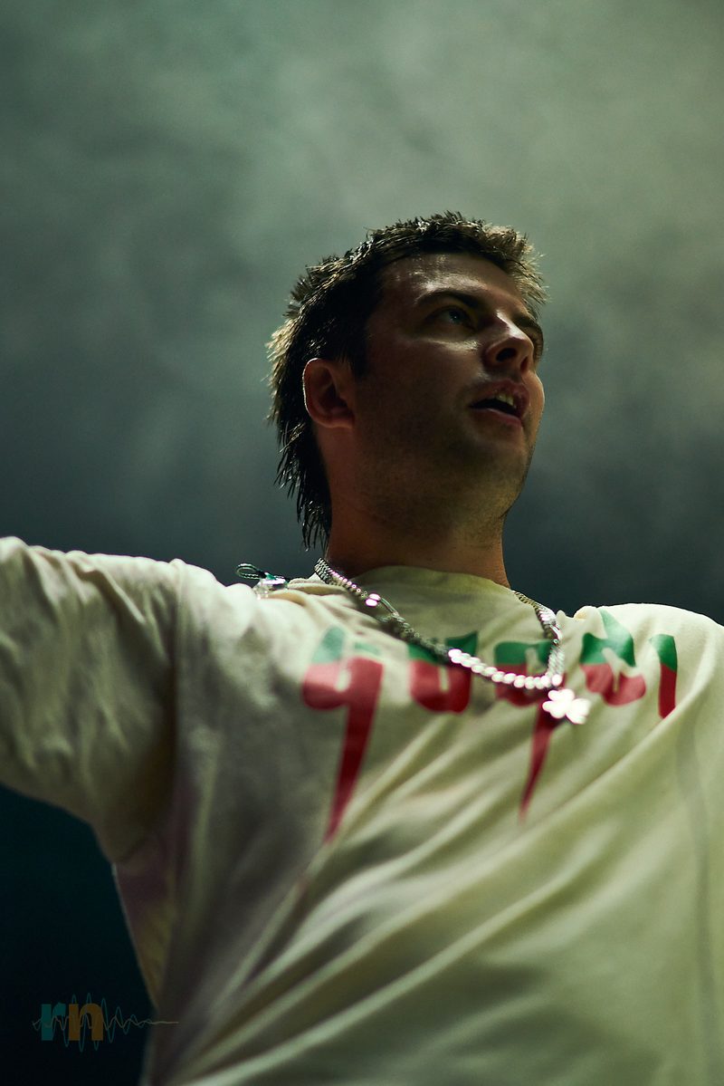 A low-angle close-up of the Fontaines D.C. singer during the concert in Alicante, Spain.
